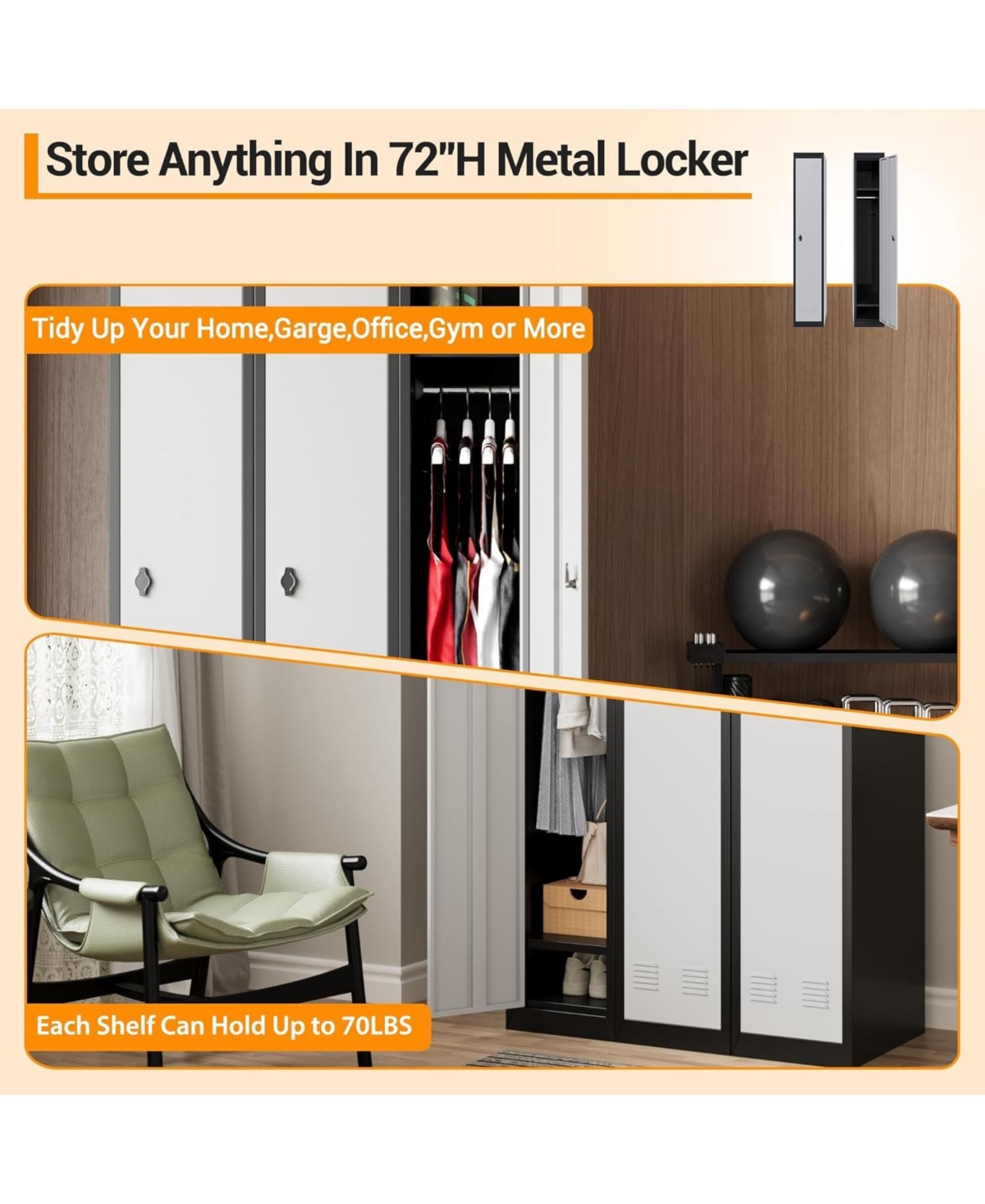 gaomon 71" Metal Locker Cabinet with Hanging Rod & 2 Shelves, Heavy Duty Steel Storage Lockable for Office, School, Gym