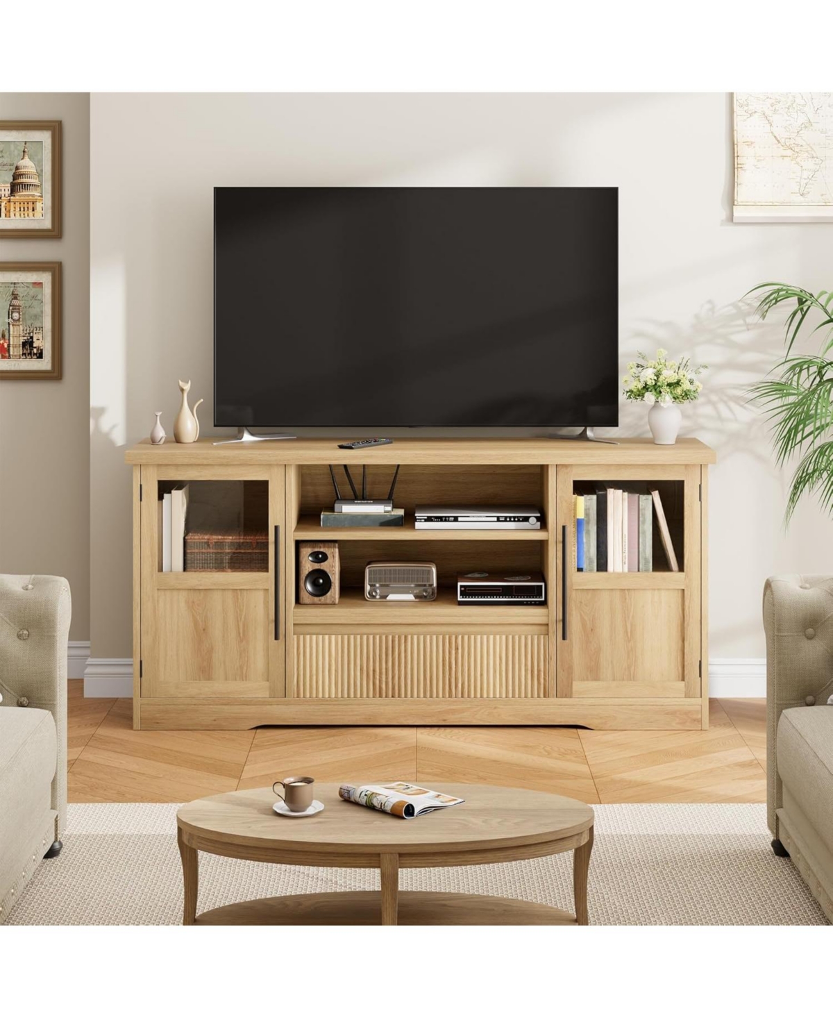 gaomon 72" Tv Stand, Farmhouse Entertainment Center with Wave Pattern, 2 Glass Door Cabinets & Open Storage, Media Console