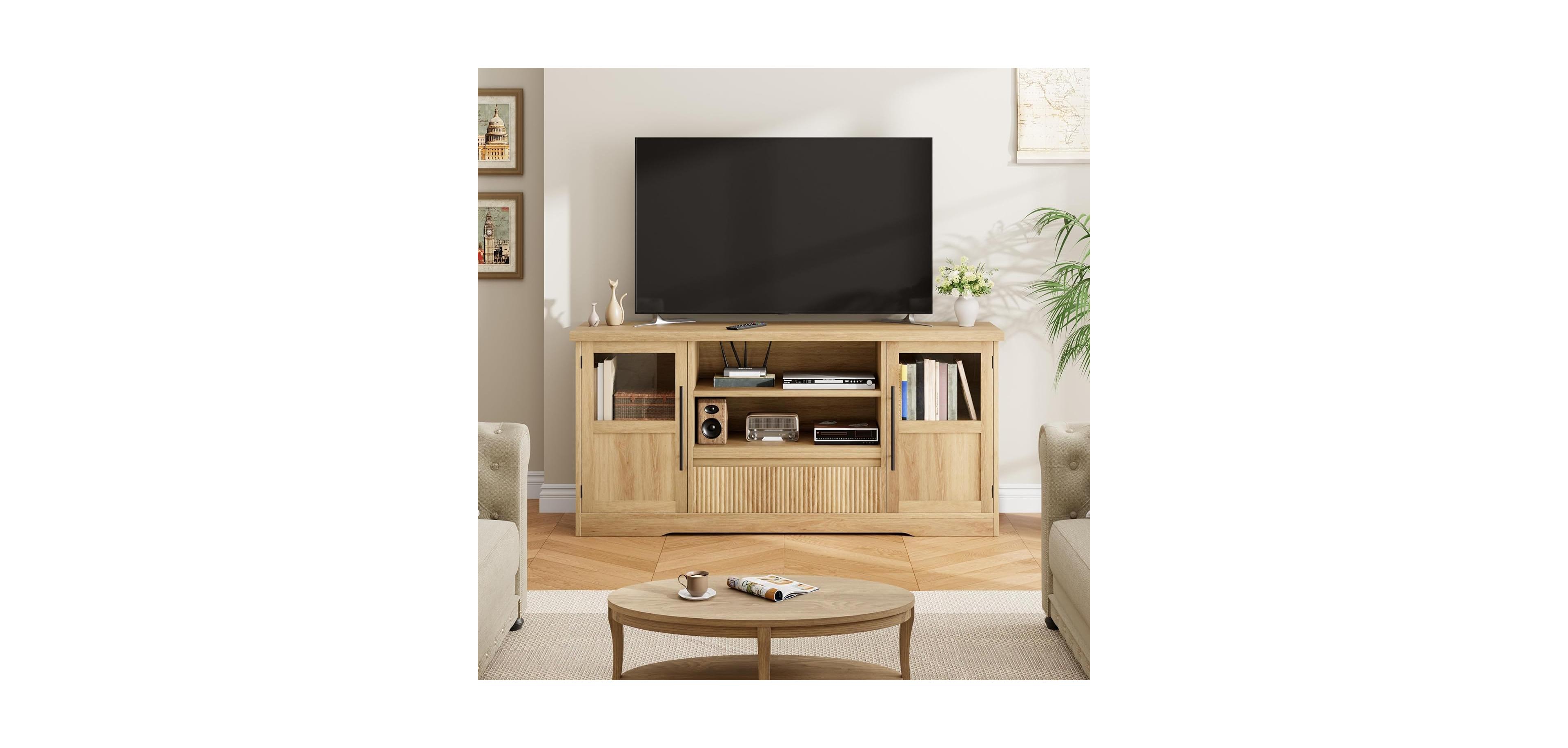 gaomon 72" Tv Stand, Farmhouse Entertainment Center with Wave Pattern, 2 Glass Door Cabinets & Open Storage, Media Console