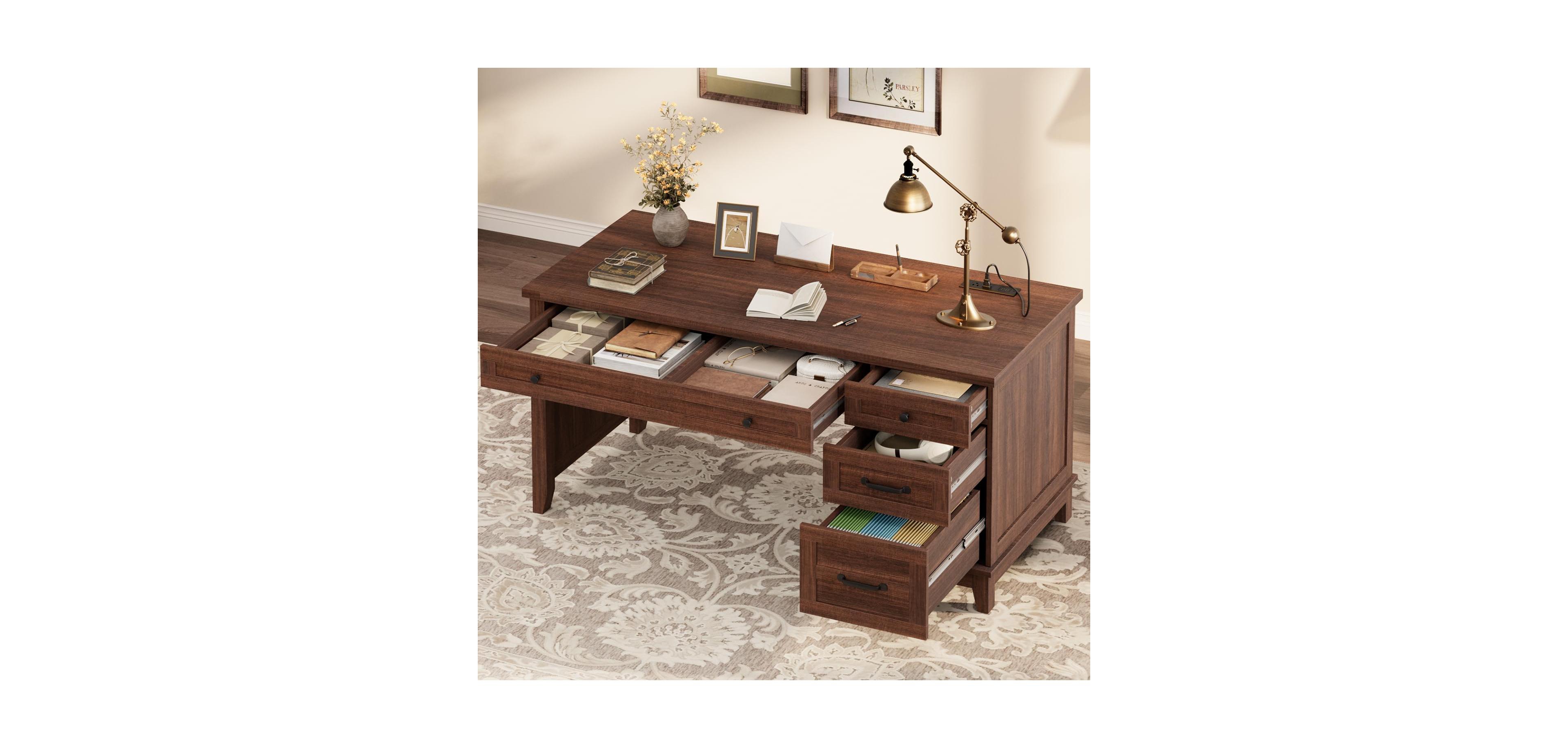 gaomon 53.5" Farmhouse Executive Desk with File Drawers, Charging Station, Computer Storage, Home Office Writing Table