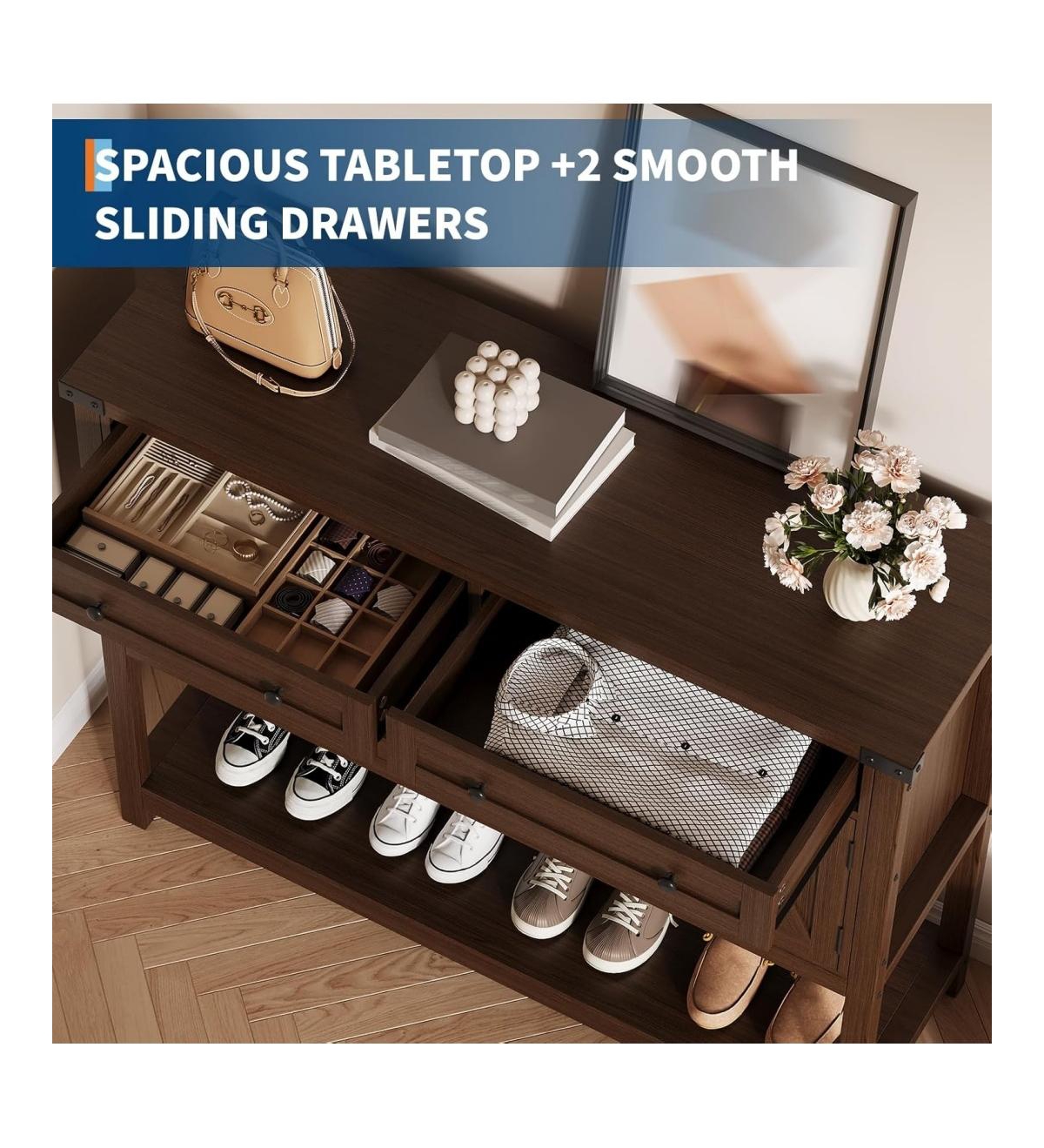 Console Table Buffet Sideboard Sofa Table,with Storage Drawers Cabinets and Bottom Shelf, Farmhouse for Kitchen, Foyer, Brown