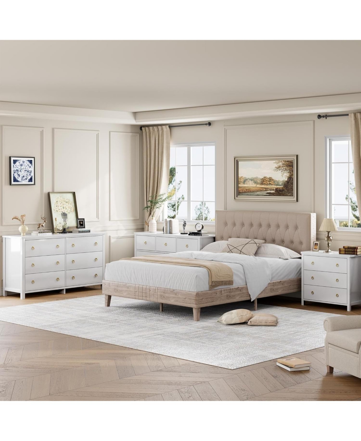 gaomon White 54 Inch Wide Wooden Chest of Dresser with 6 Drawers and Large Clothes Storage Space For Nursery Living Room Hallway and Bedroom