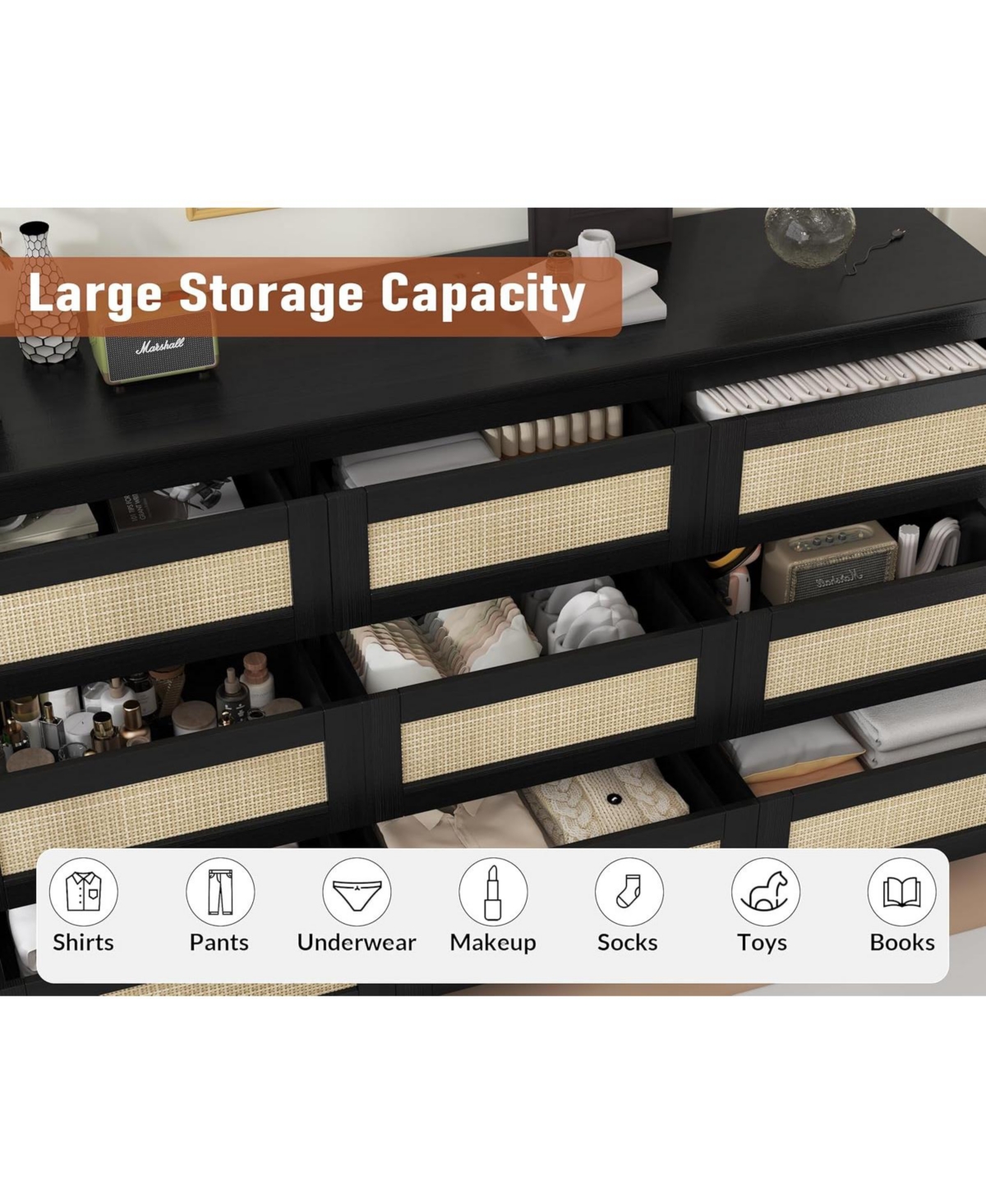 Gaomon 63 Inch Rattan 9 Drawer Dresser, Modern Farmhouse Chest of Drawers