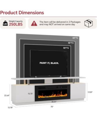 80" TV Stand with 36" Electric Fireplace, 12 Flame Colors, Glass Shelves, Storage Cabinets, White Finish