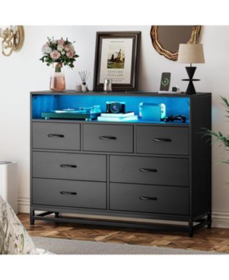 7-Drawer Dresser for Bedroom, Long Wooden Chest with LED Light, Wide Storage Cabinet for Living Room, Hallway or Closet