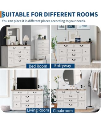 9 Farmhouse Dresser with Charging Station & Metal Handle, Wooden Tv Stand with Dressers, 9 Drawer Dressers for Bedroom Living Room Enterway