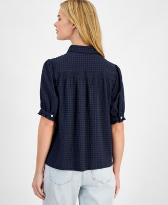 Women's Checked Short-Sleeve Smocked Blouse