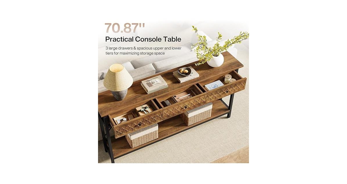 Tribesigns 70.86" Extra Long Console Sofa Table with 3 Drawers, Industrial 2-Tier Entryway Table Behind The Couch for Living Room, Entryway