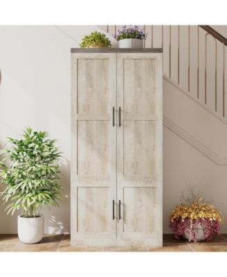 Rustic White Large Wardrobe Closet with Hanging Rod and 2 Doors