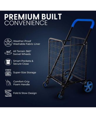 Folding Utility Cart with Liner, Heavy-Duty, 360&amp;#xB0; Swivel Wheels, 70 lb Capacity, Portable for Groceries, Laundry &amp; More (Red)