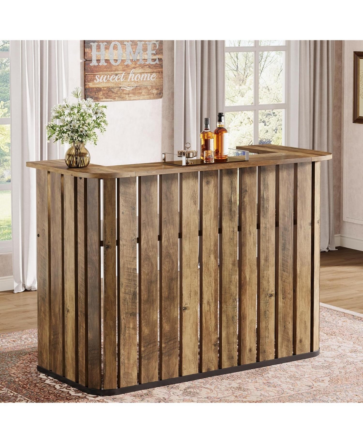 Tribesigns 63-Inch Home Bar Unit, Farmhouse Liquor Bar Table with Storage Shelves, 2-Tier Wine Bar Cabinet Mini Bar Table, Rustic Brown