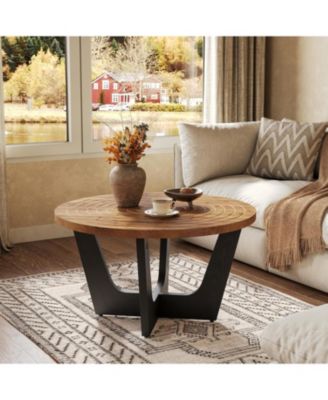 Round Solid Wood Coffee Table, Farmhouse 31.5" Small Center Tea Table with Ring Groove