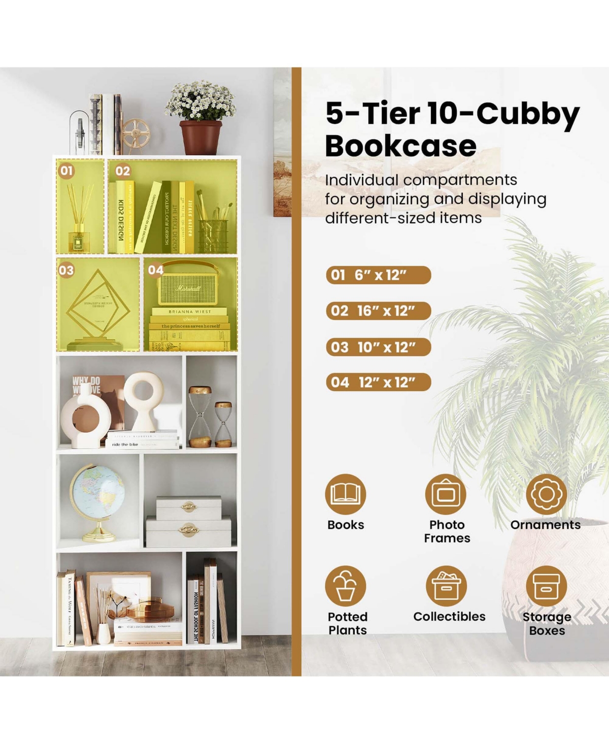 Costway 63" Tall Floor Standing Open Bookshelf with 10 Cubbies 5 Back Anti-falling Panels