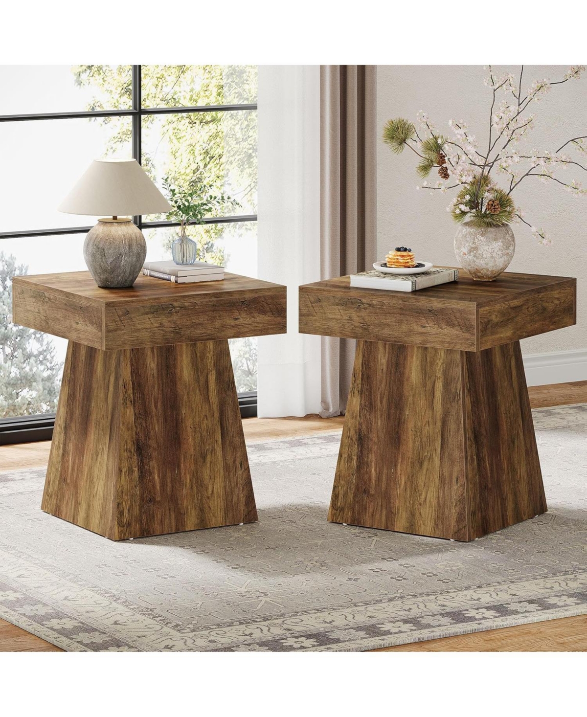 Tribesigns Small End Table, Rustic Square Side Table with Wide Base, Farmhouse Small Nightstand Beside Bed, Next to Armchair, for Living Room, Brown
