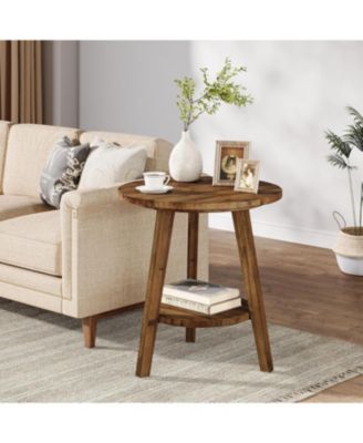 Solid Wood Round End Table, Sofa Side Table with Storage Shelf, Farmhouse Nightstand for Living Room, Bedroom