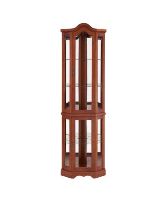 Corner Curio Cabinet with Light System Mirrored Back Adjustable Shelves and Walnut Finish