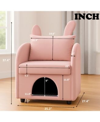 Velvet Pink Bunny-Ear Pet-Friendly Armchair with Built-in Cat & Dog Hideaway, Plush Dual-Use Sofa Chair