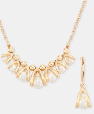 Caged Imitation Pearl Statement Necklace & Drop Earrings Set 
