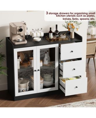 Sideboard Buffet Cabinet with Storage, 43" Coffee Bar Cabinet with Glass Doors and 3 Drawers