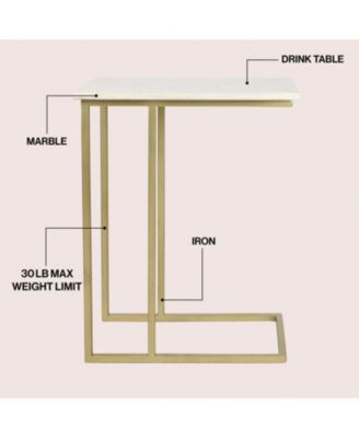 Caius 24.25" Designer Industrial Metal C-Shaped End Table and Side Couch Table with White Marble Top