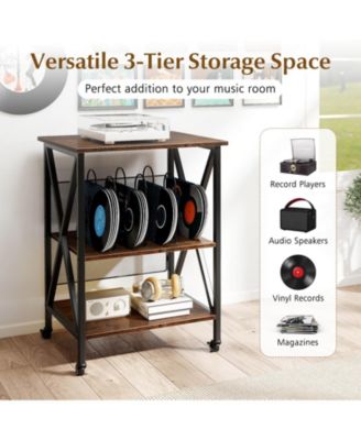 3-tier Record Player Stand with Metal Dividers Adjustable Shelf & Power Outlets