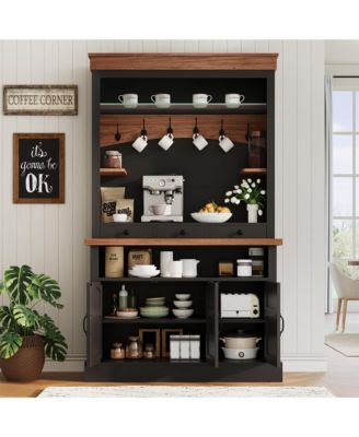 Coffee Bar Cabinet with LED Light, 72" Tall Farmhouse Coffee Bar Hutch with Storage, Sideboard Buffet Cabinet