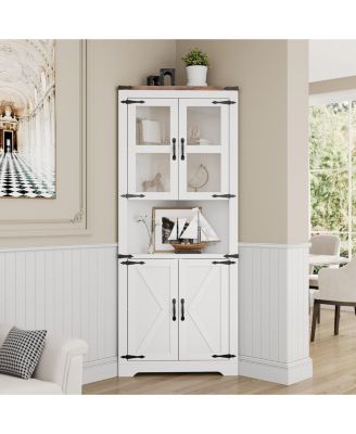Tall Corner Cabinet, Farmhouse Corner Storage Cabinet with Glass Door & Adjustable Shelves, Space Saving Storage