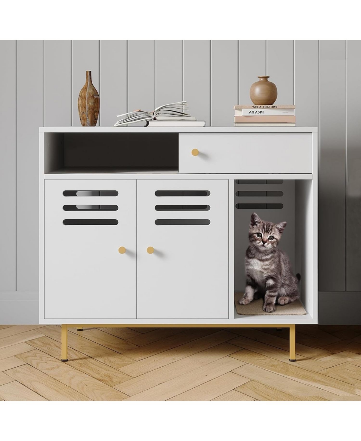 gaomon Cat Litter Box Enclosure, Hidden Litter Box Furniture with 2 Storage Compartments