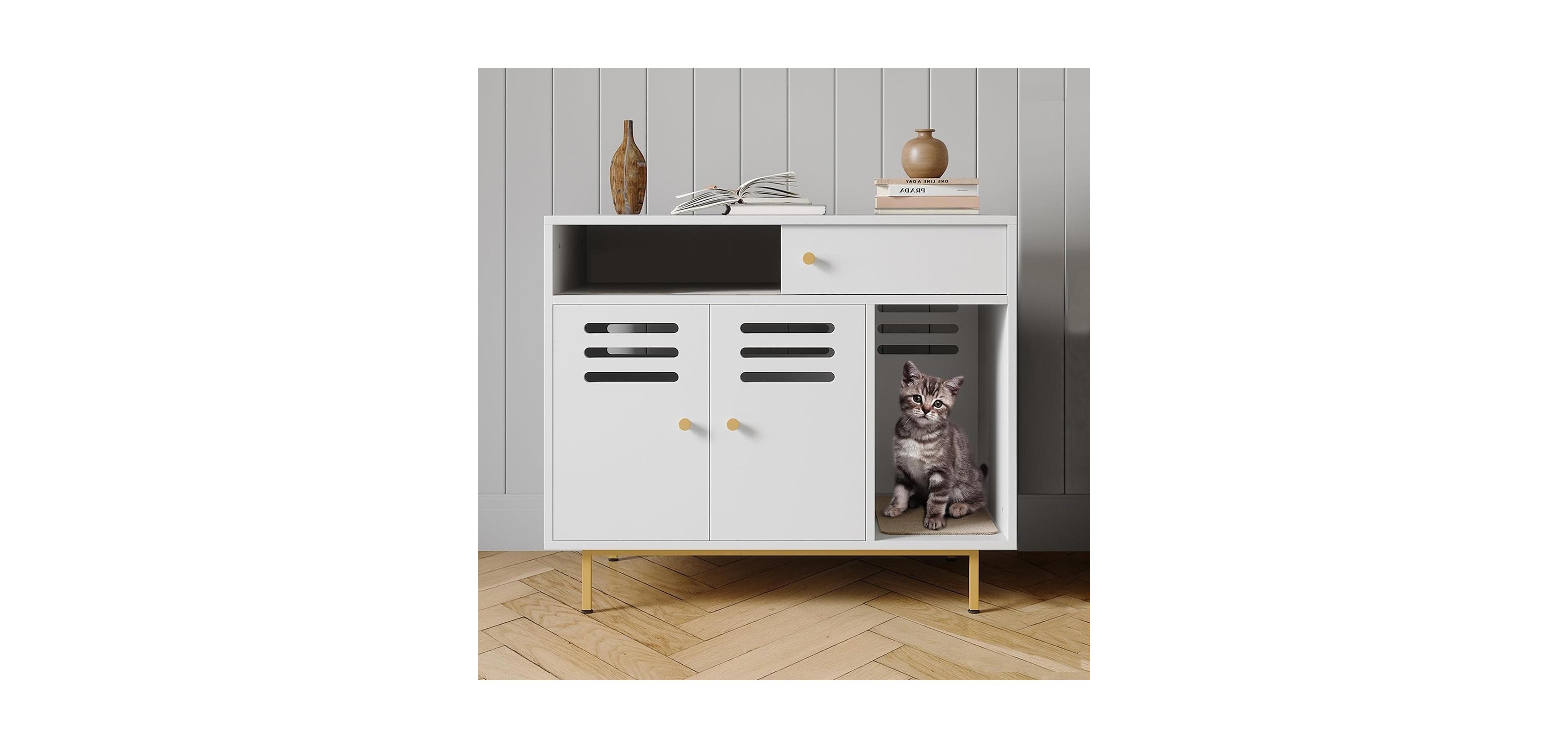 gaomon Cat Litter Box Enclosure, Hidden Litter Box Furniture with 2 Storage Compartments