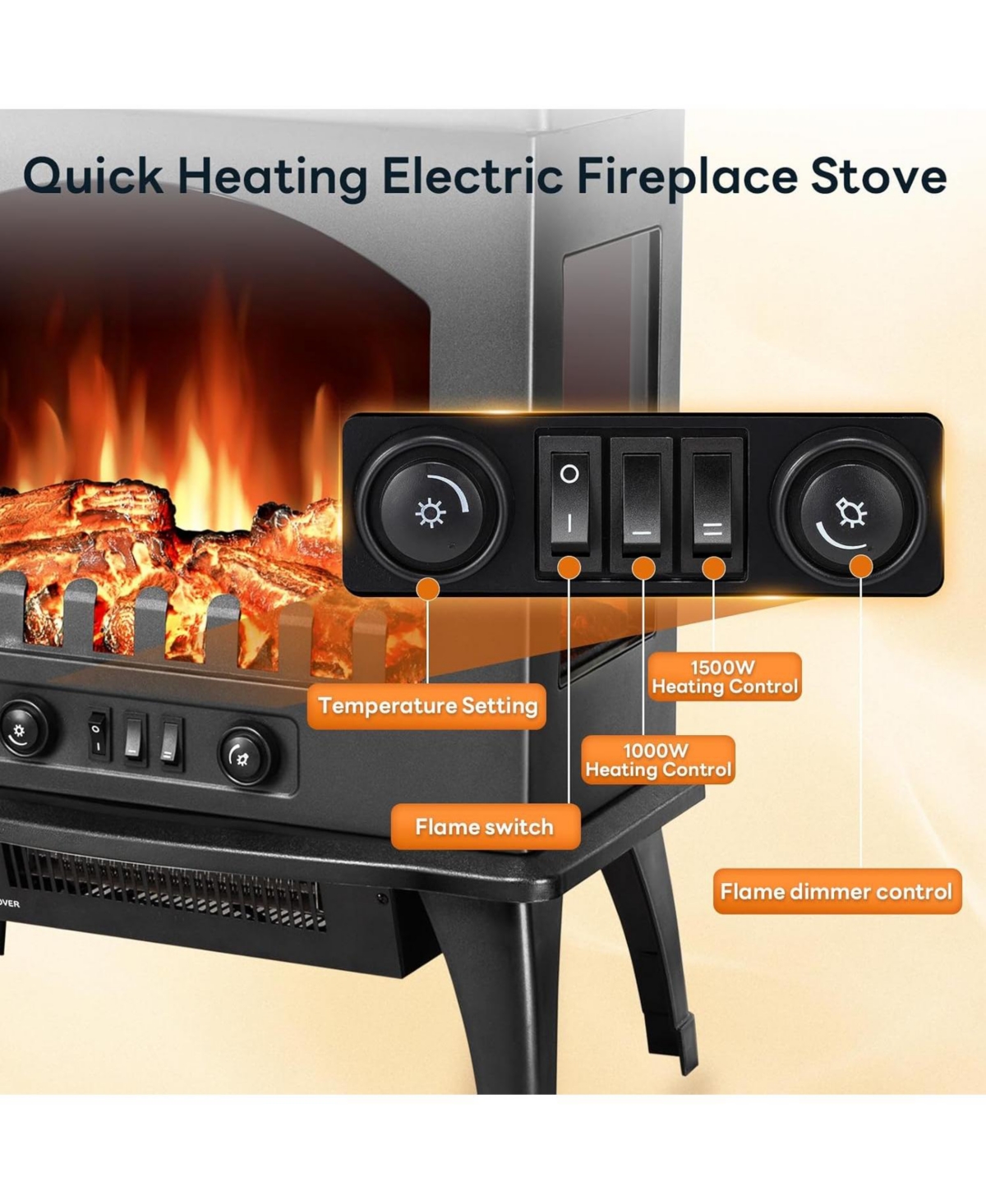 Cowsar Freestanding Electric Fireplace Stove with Realistic Flame, 5100 Btu Electric Fireplace Heater with Retro Design, 1000W/1500W