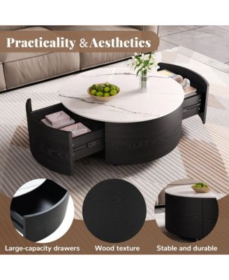 Modern Round Movable Coffee Table with Casters, 2 Drawers, Marble Pattern Sintered Stone Top