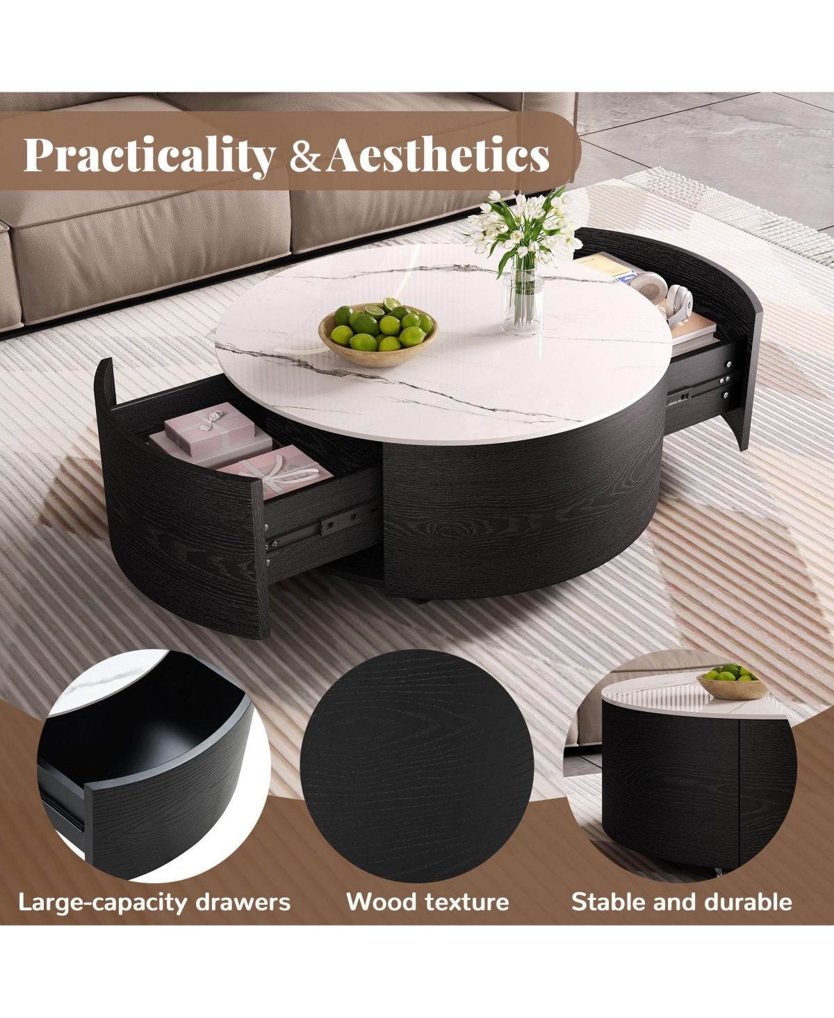 Boyel Living Modern Round Movable Coffee Table with Casters, 2 Drawers, Marble Pattern Sintered Stone Top