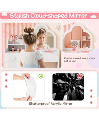 Kids Vanity Table and Chair Set with Cloud-shaped Mirror Open Shelf Storage Drawers