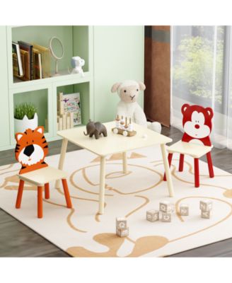 3-Piece Kids Table and Chair Set with Bear and Tiger Theme in Natural