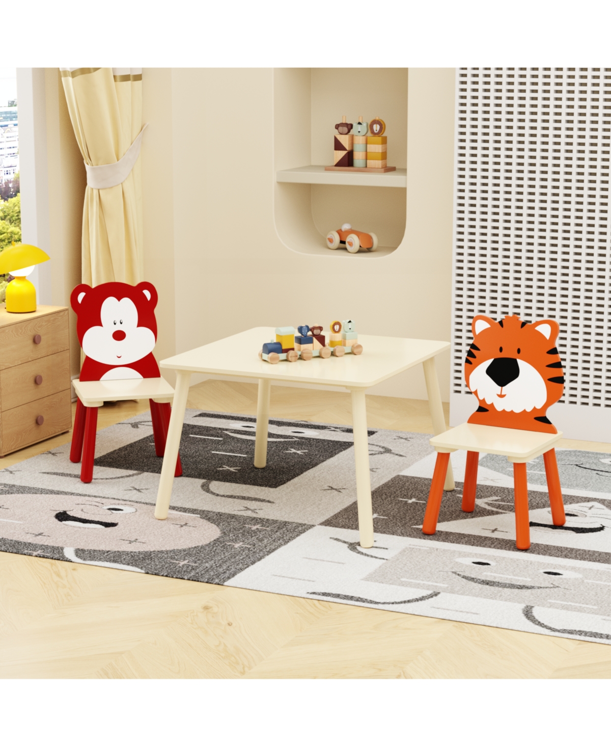 sumyeg 3-Piece Kids Table and Chair Set with Bear and Tiger Theme in Natural