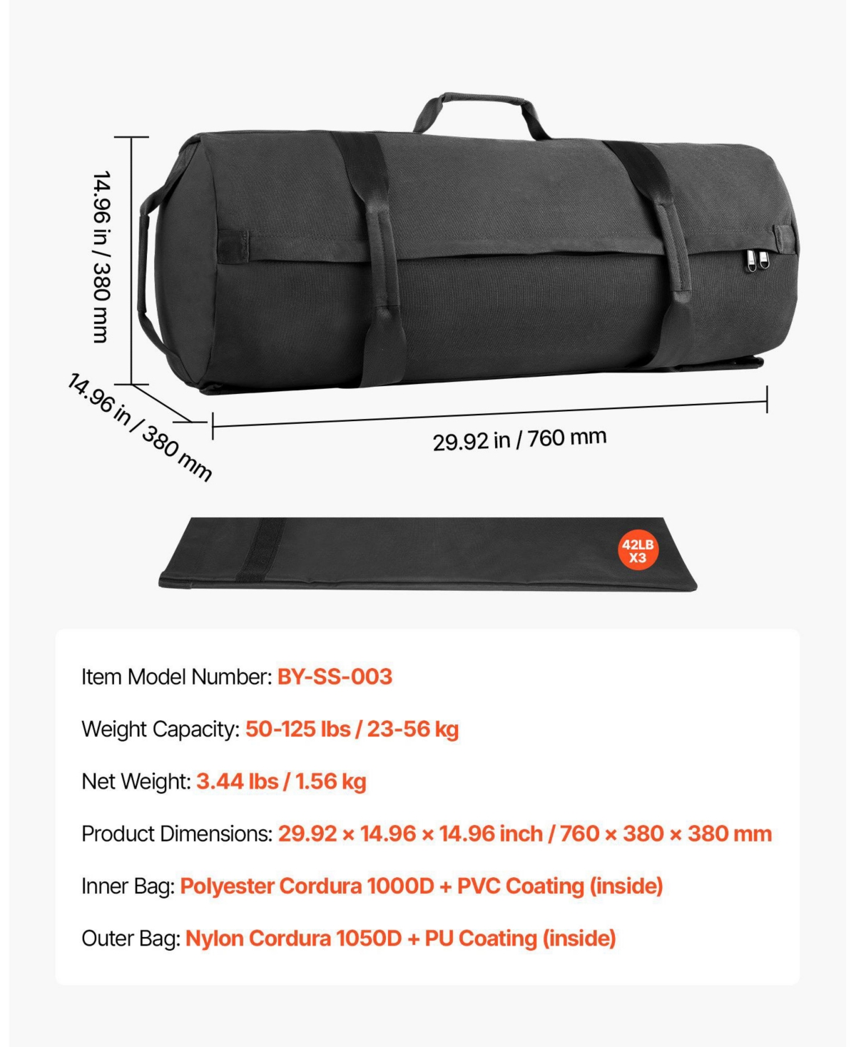 Sugfit Workout Sandbag Adjustable 50–125 Lb Power Bag for Strength Training (Unfilled)