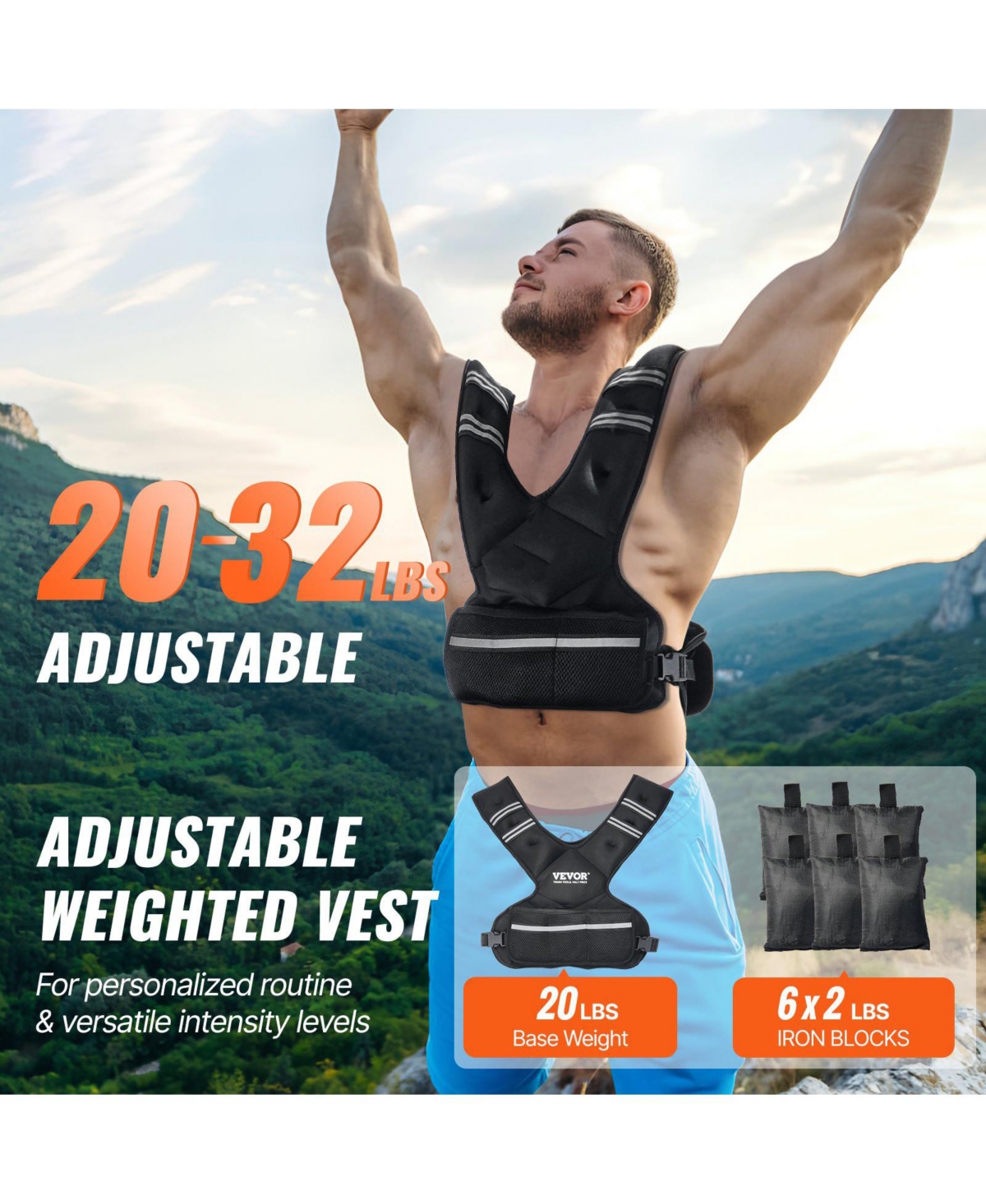 Sugfit Adjustable Weighted Vest 20–32 Lb with Iron Sand Weights and Reflective Strips