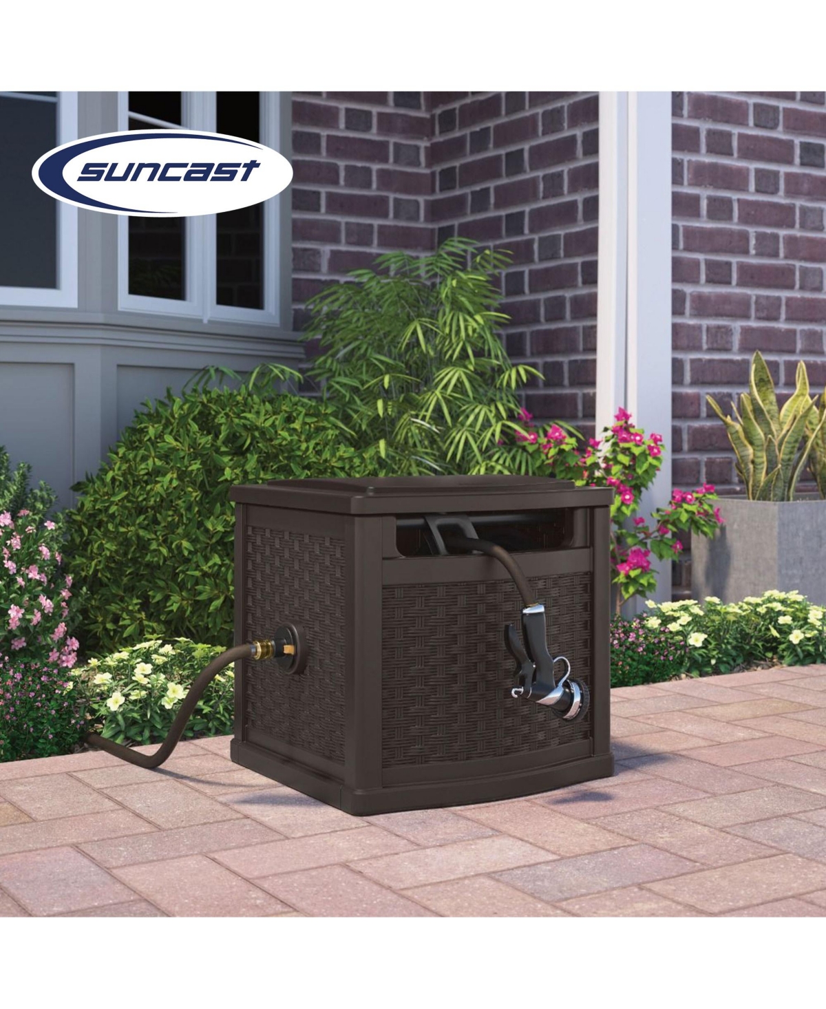 Suncast 150 Foot Slide Trak Outdoor Garden Water Hose Hideaway for Patio, Java