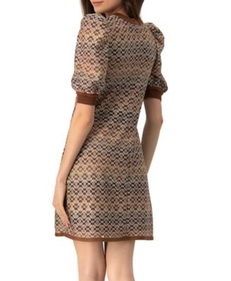 Women's Short Knitted Dress With Puffed Sleeves