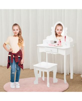 Kids' Vanity Set with Adjustable Mirror, Pretend Play Vanity Table and Stool with Wood Makeup Set