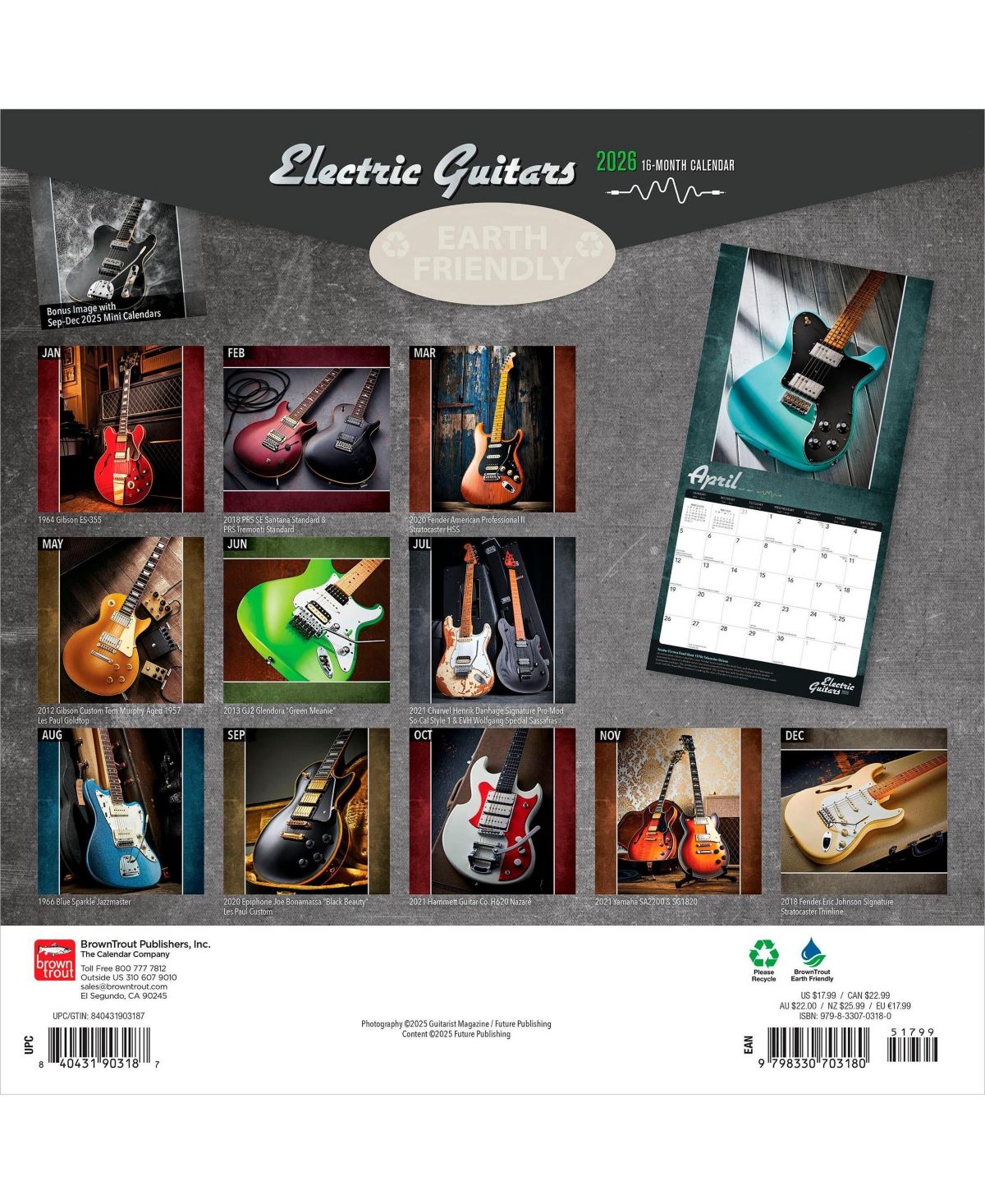 BrownTrout Electric Guitars | 2026 12 x 24 Inch (Hanging) Monthly Square Wall Calendar | Foil Stamped Cover | Plastic-Free