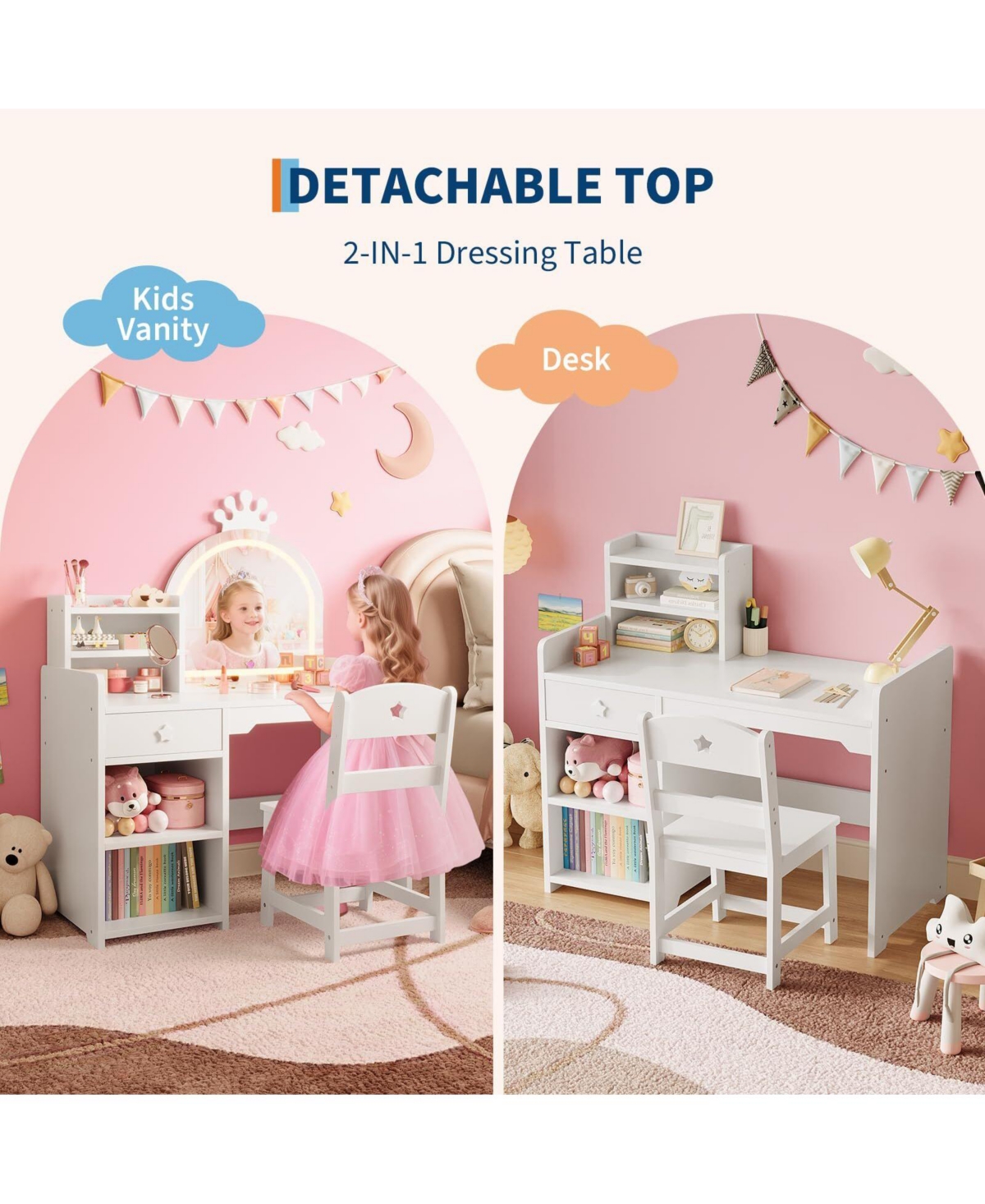 gaomon Kids Vanity Table and Chair Set with Mirror and Lights, White Makeup Vanity Desk with Drawer and Open Storage Shelves, Wooden Dressing Table