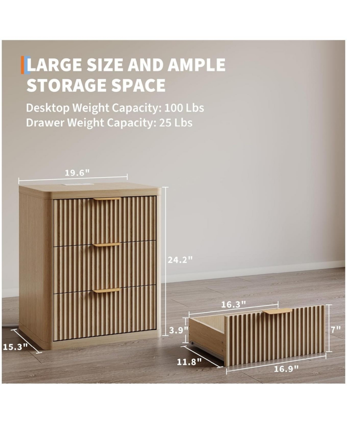 Gaomon Fluted Nightstand Set of 2, Bedside Table Built-in Charging Station, Featuring 3 Drawer & Open Storage Space, Mid Century Modern Night Stand