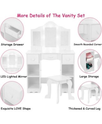 Kids Vanity Set, 2-in-1 Princess Makeup Table with Tri-Folding Mirror & Drawer, Stool, Toddler Vanity, Pretend Play Vanity Set for Kids