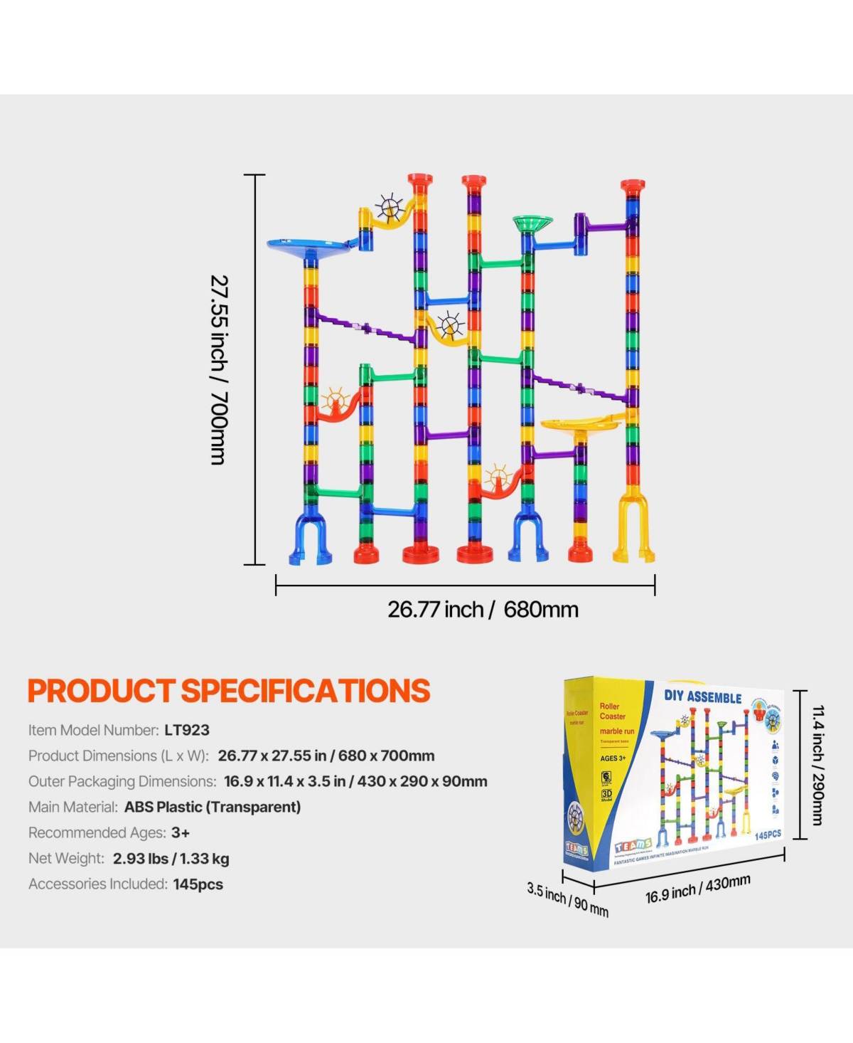Mecale Marble Run Set, 145-Piece Stem Building Track with Glow-in-the-Dark and Glass Marbles for Kids Ages 3