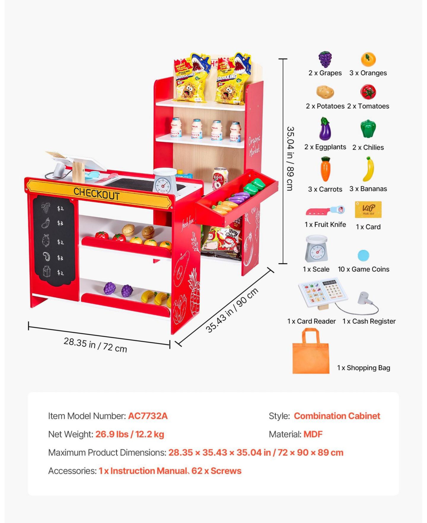 Детский игровой набор HONGGE Grocery Store Conveyor Belt 35-Piece Playset, Ages 3+, цвет: Красный — фото 4