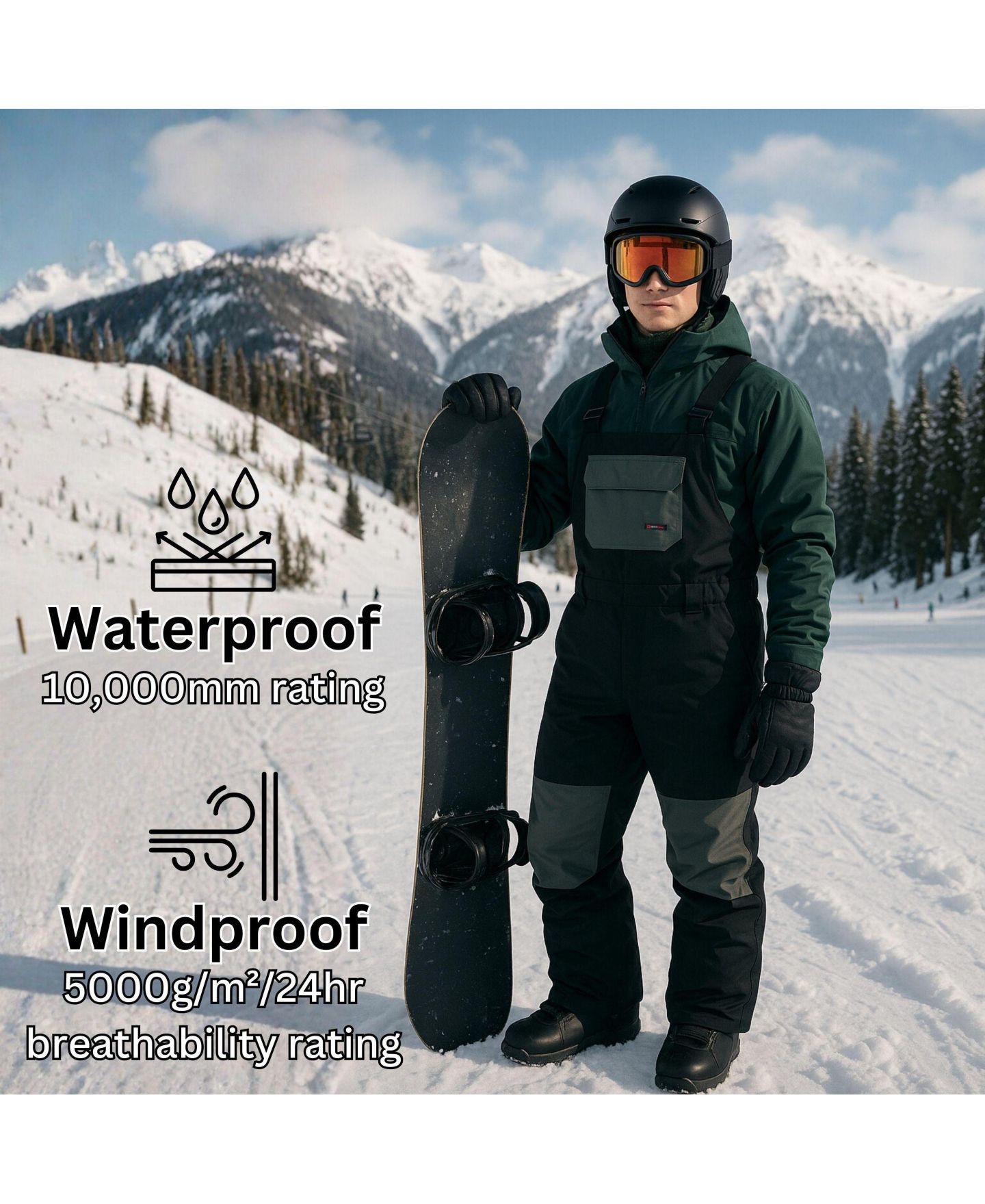 Мужские брюки Alpine Swiss Snow Bib 10K Waterproof Ski Overalls Insulated Snowboard, цвет: Чёрный — фото 3