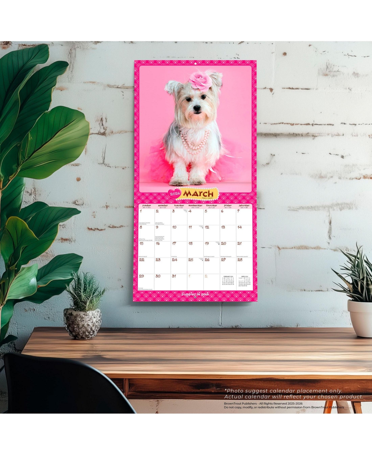 BrownTrout Puppies in Pink | 2026 12 x 24 Inch (Hanging) Monthly Square Wall Calendar | Plastic-Free