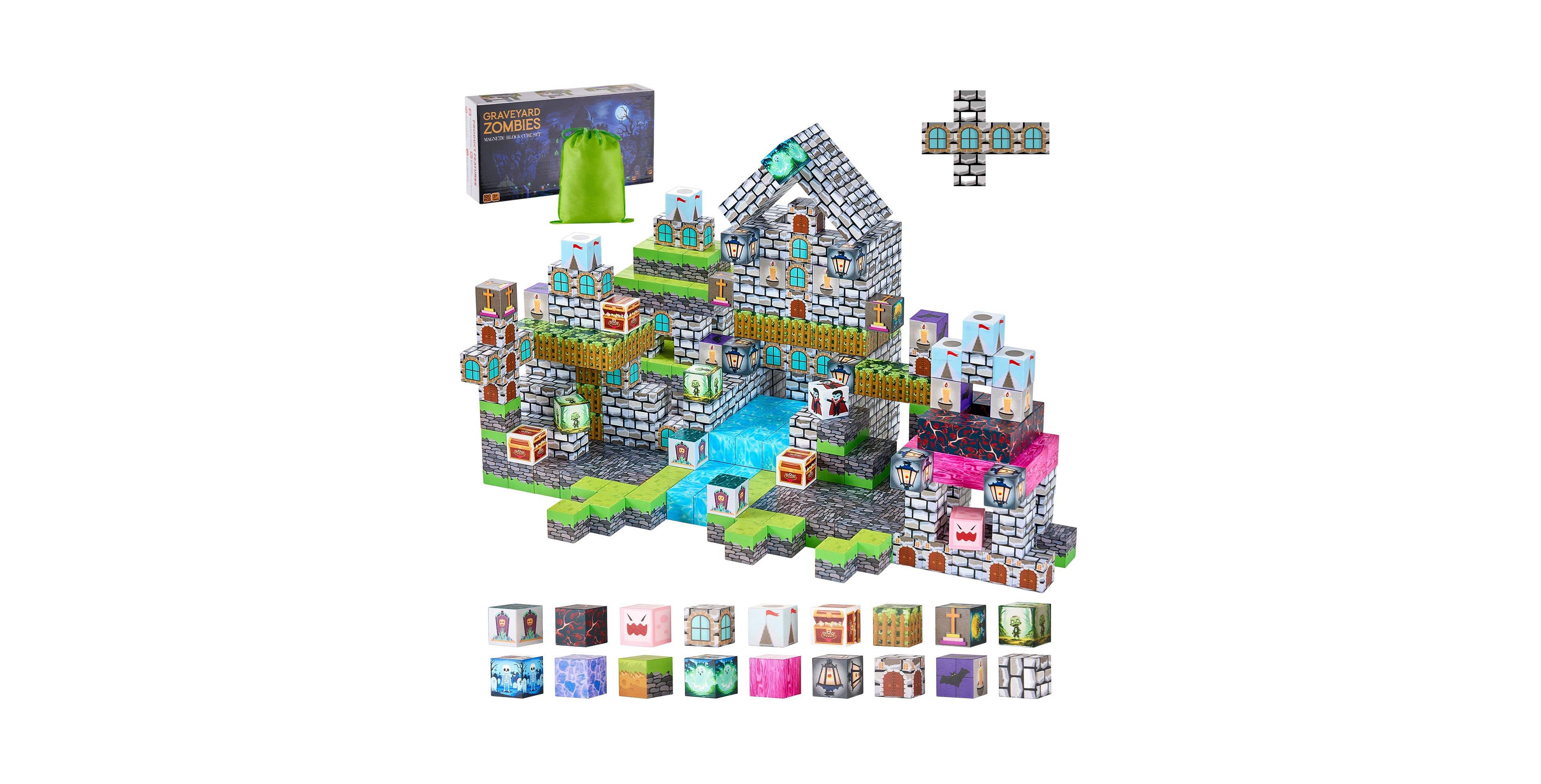 Mecale Magnetic Blocks, 100-Piece Cemetery Zombie Themed Magnetic Cube Building Set for Kids Ages 3