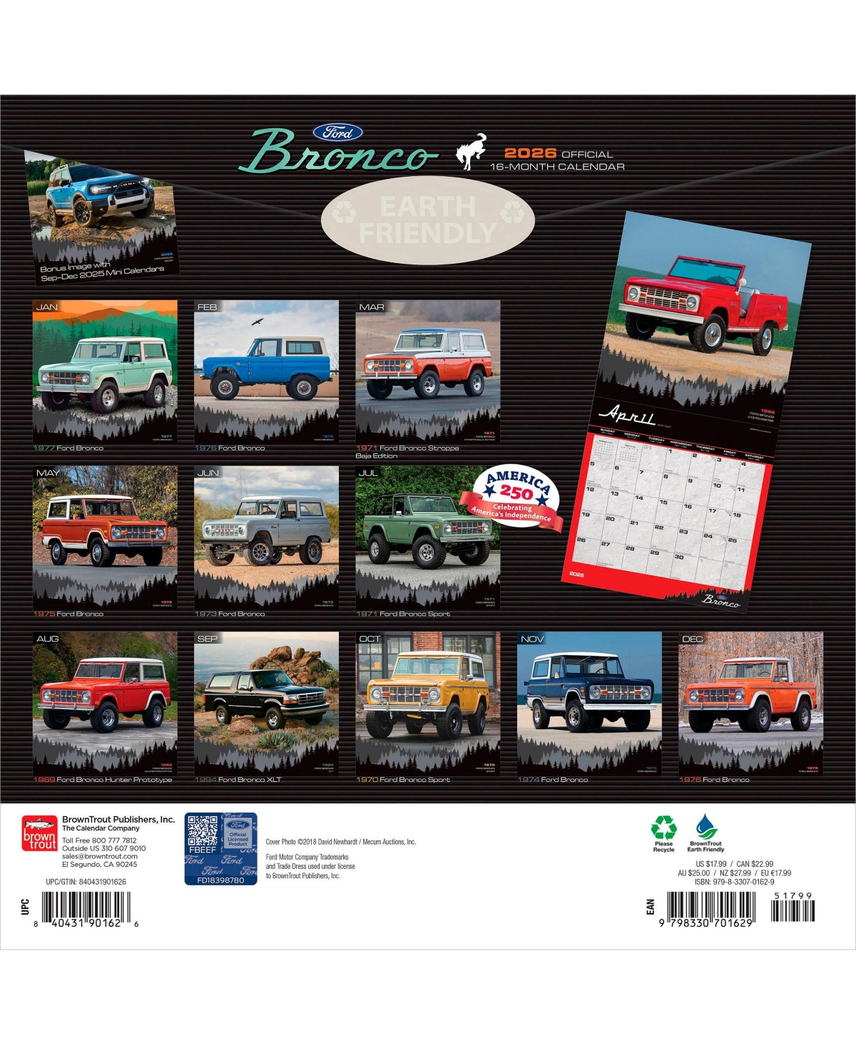 BrownTrout Ford Bronco Official | 2026 12 x 24 Inch (Hanging) Monthly Square Wall Calendar | Plastic-Free